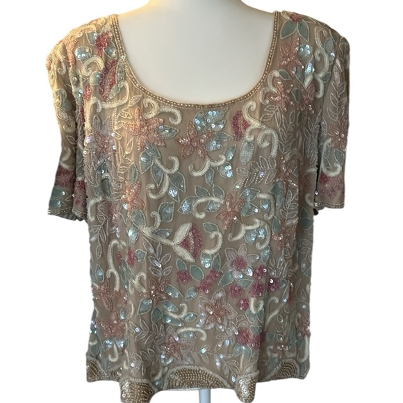 Adrianna Papell Vintage 80s Silk Embellished Pastel Sequin Blouse Size 16 - Picture 1 of 9